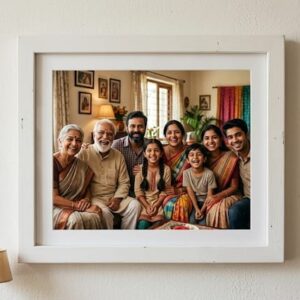 happy indian joint family smiling white photo frame