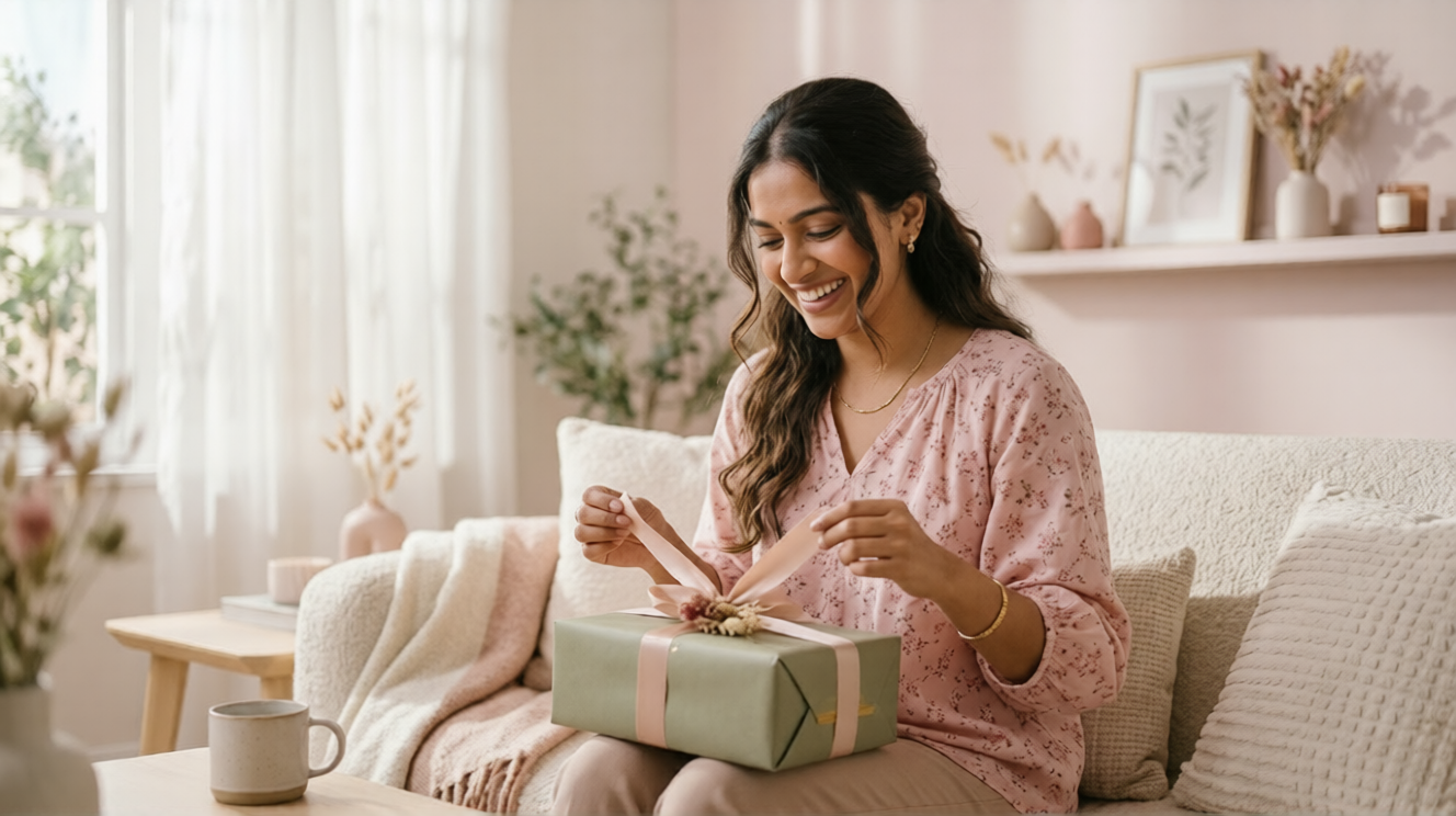perfect gift moment indian woman opening gift i2you crafts