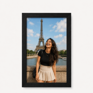 Personalized a5 black photo frame with a custom travel photo for home décor and gifting