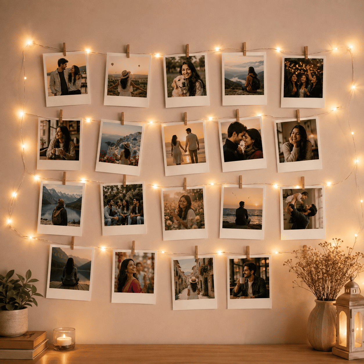 Polaroid Photo Wall with Fairy Lights | custom polaroid photo prints
